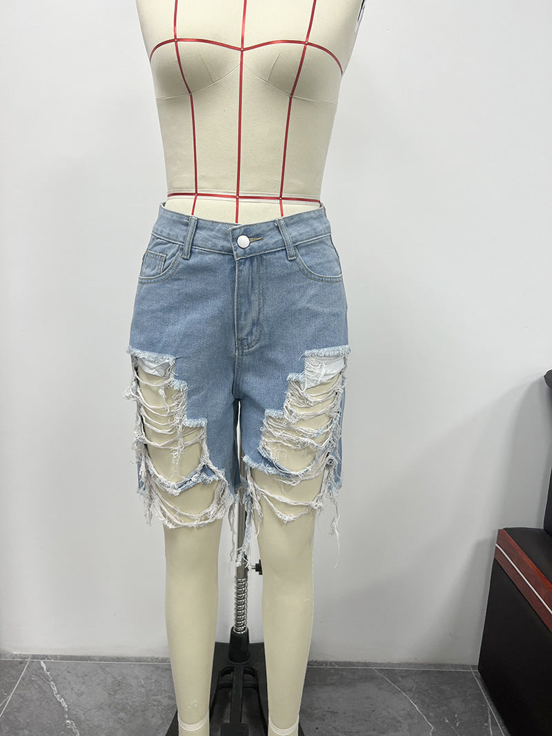 Summer Women's Denim Shorts Ripped Loose High Waist Knee-Length Shorts 17