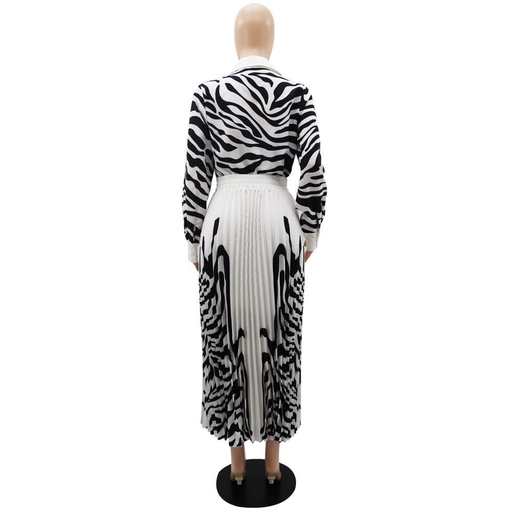 Women zebra print long-sleeved shirt and pleated skirt two-piece set 13