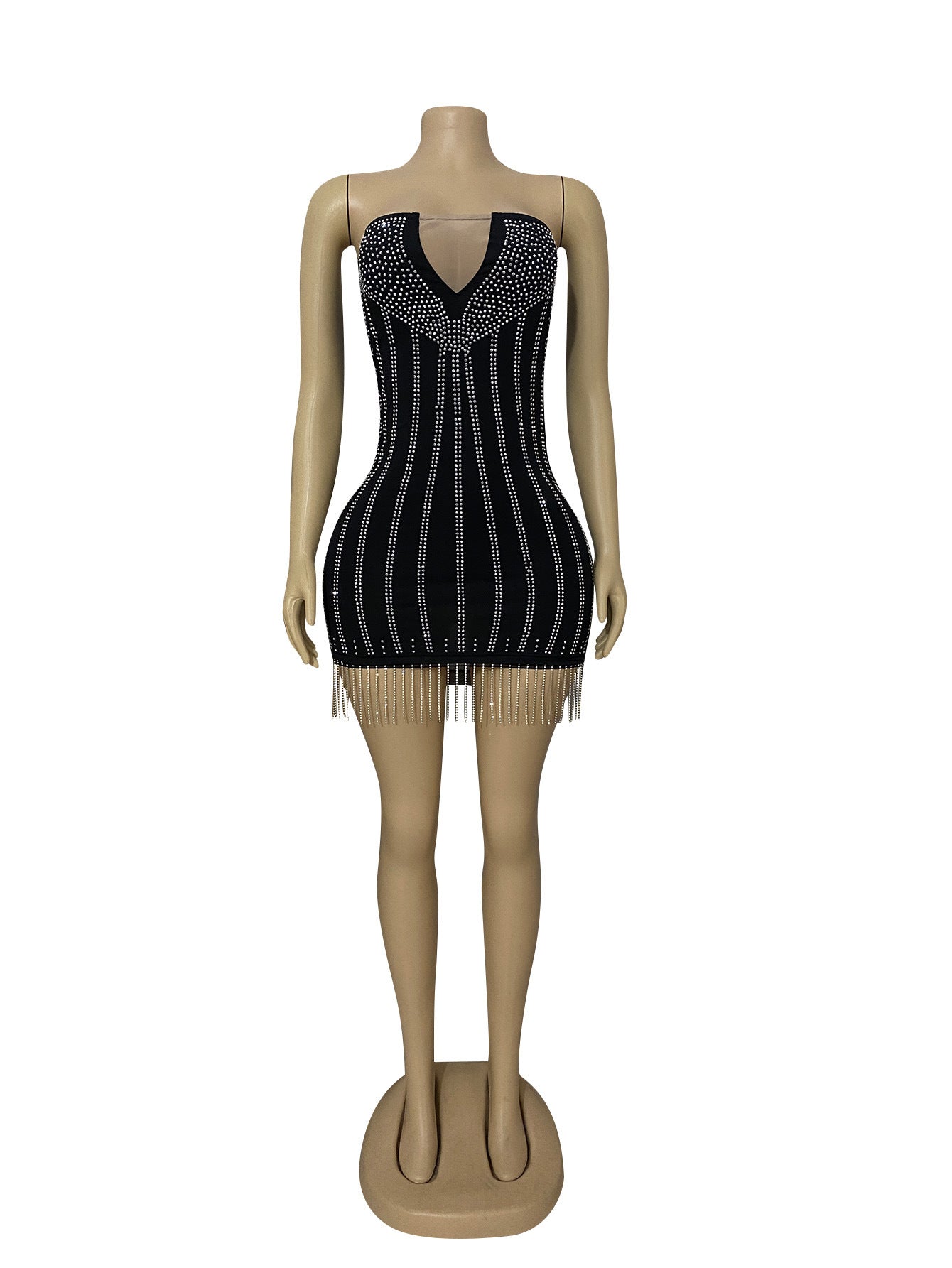 Women sexy mesh patchwork diamond tassel dress 4