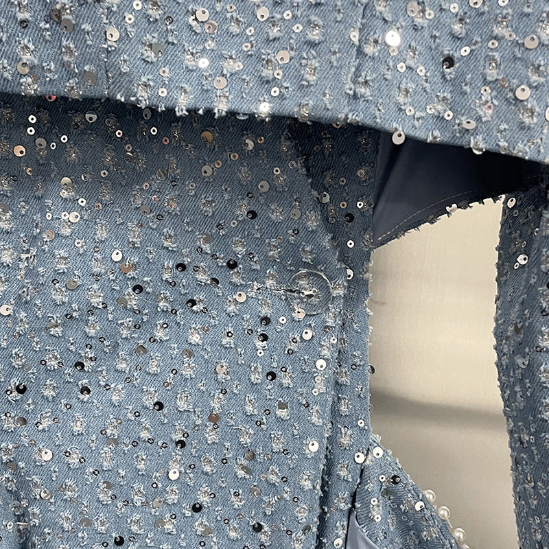 Women Sexy Open Waist Beaded Long Sleeve Blazer Dress 11