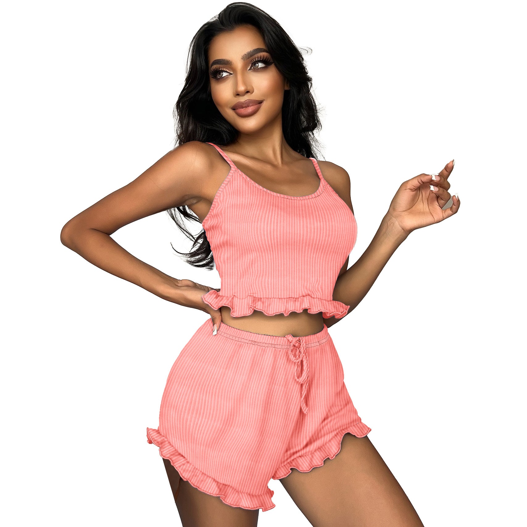 Women Sexy Ribbed Tank Cross Lace-Up Suspender Top and Shorts Pajama Two Piece Set 8