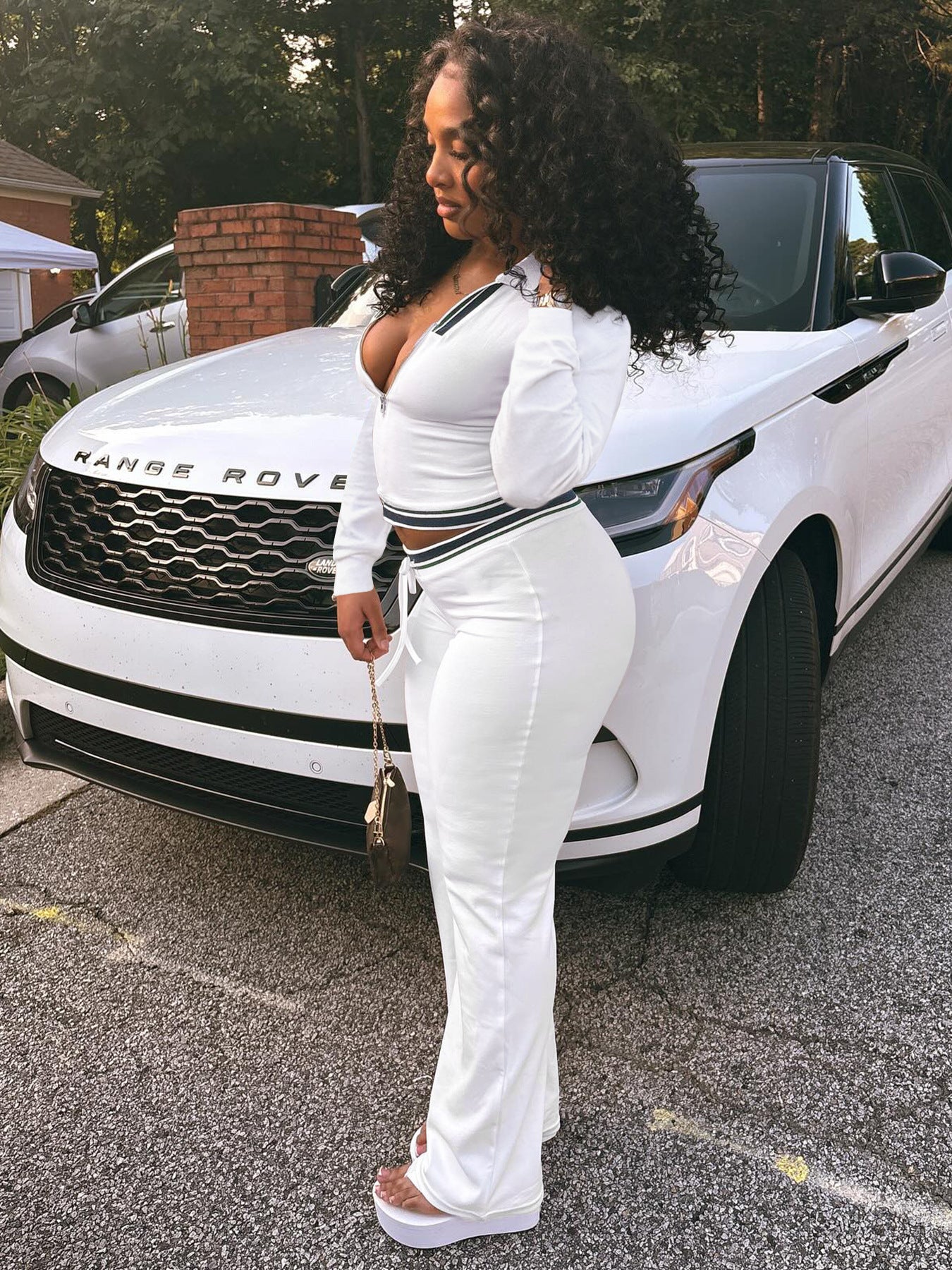 Women Turndown Collar Half-Zip Top and Drawstring Wide-Leg Pants Casual Athletic Two-Piece Set 28