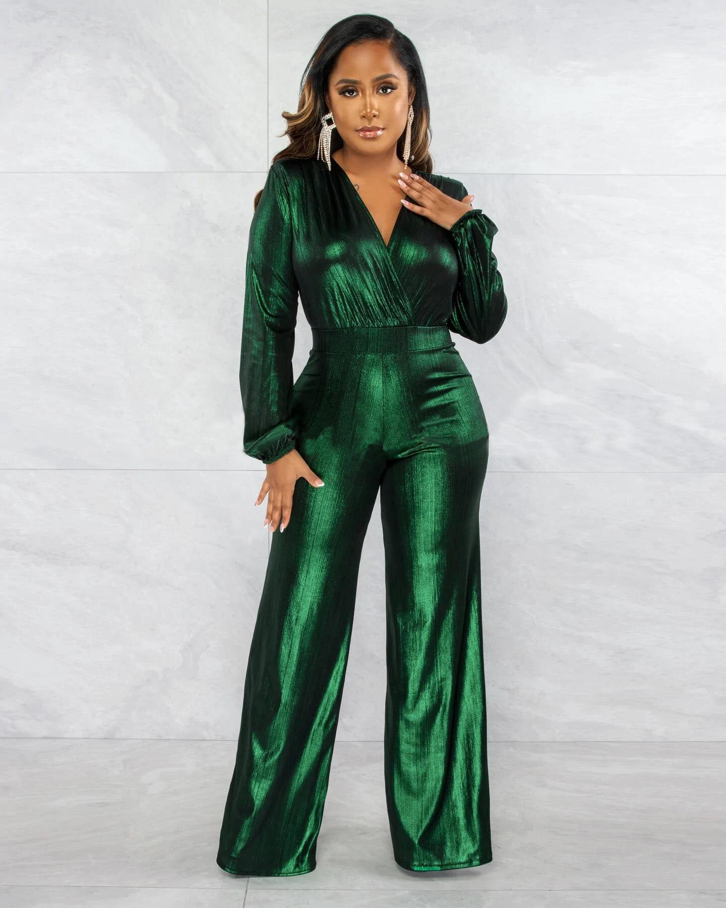 Sexy V Neck Shiny Long Sleeve Ladies Jumpsuit 3