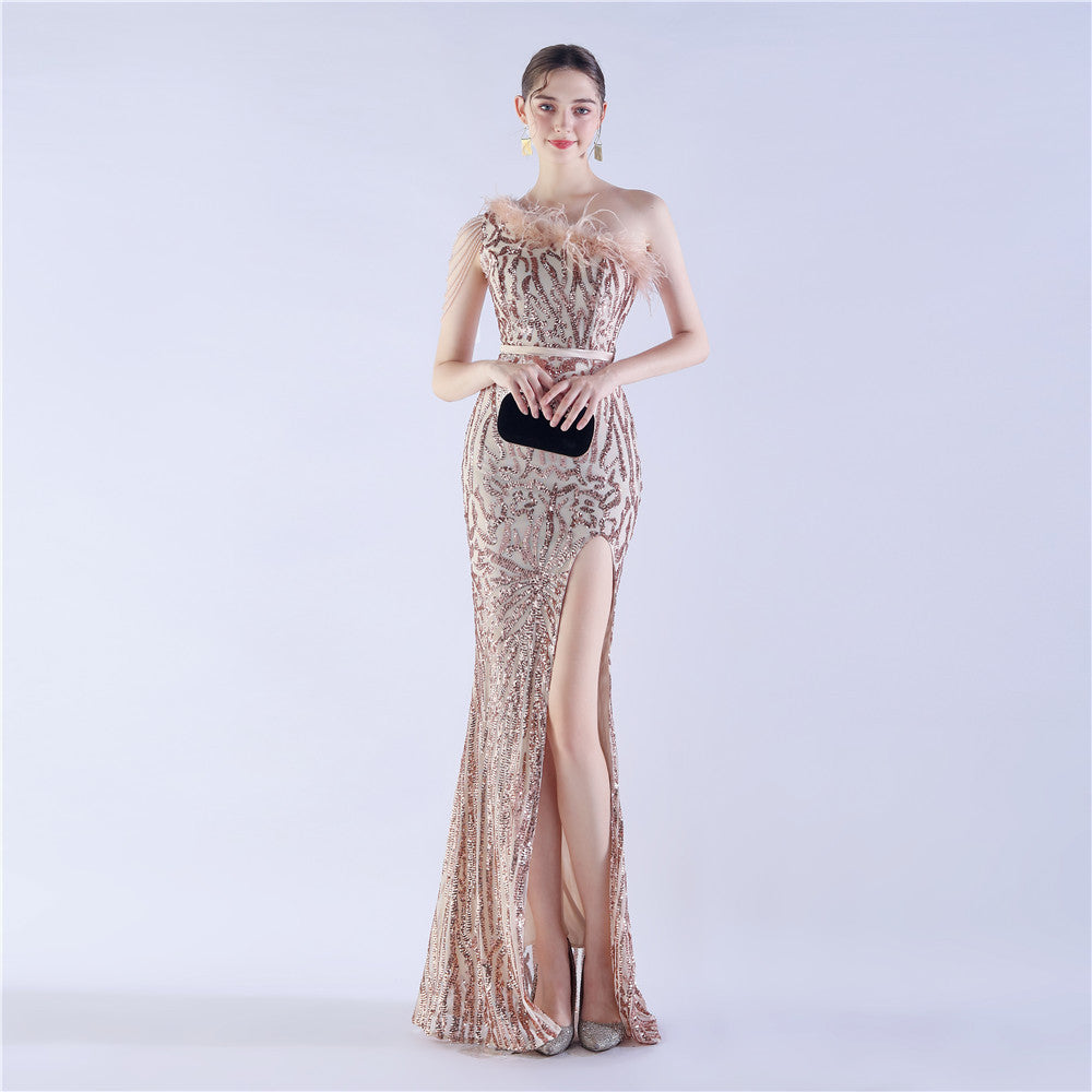 Women Elegant Beaded Ostrich Feather Slash Shoulder One Shoulder Formal Party Evening Dress 11
