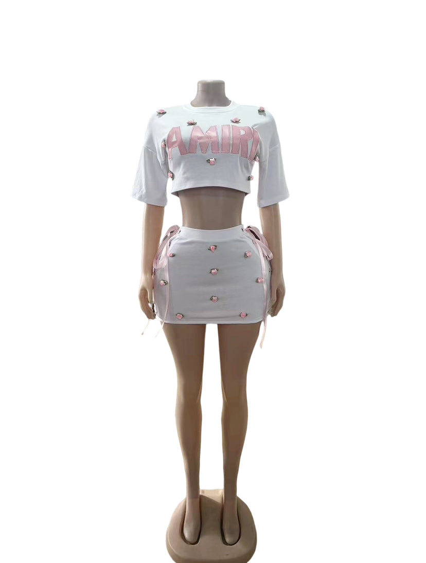 Women's Sexy Crop Top & Short Skirt Set with Rose Decoration 3