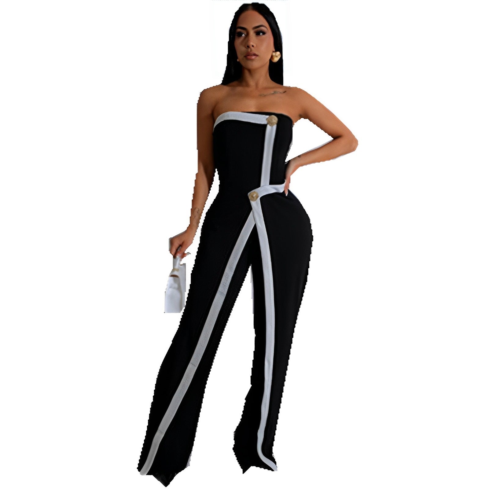 Fashion Women's Clothing Strapless Sexy Slim High Waist Contrast Color Jumpsuit 4