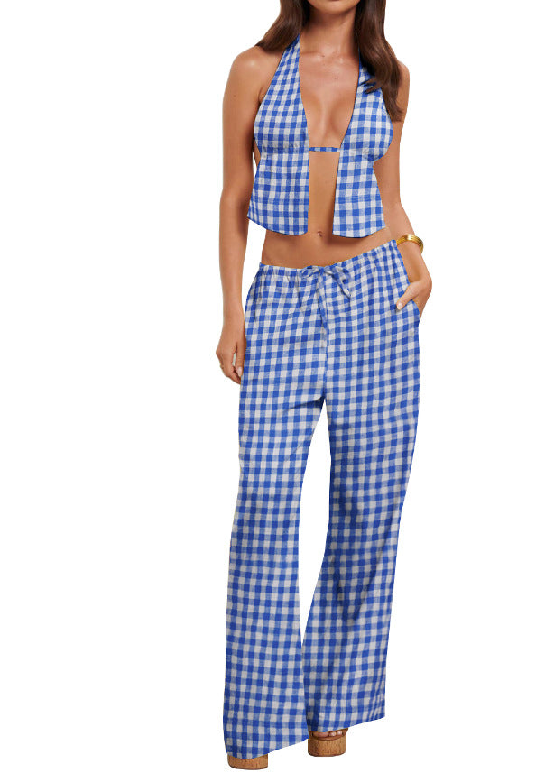 Spring Summer Women's Halter Neck Lace-Up Sexy Low Back Sleeveless Top Pants Set 9