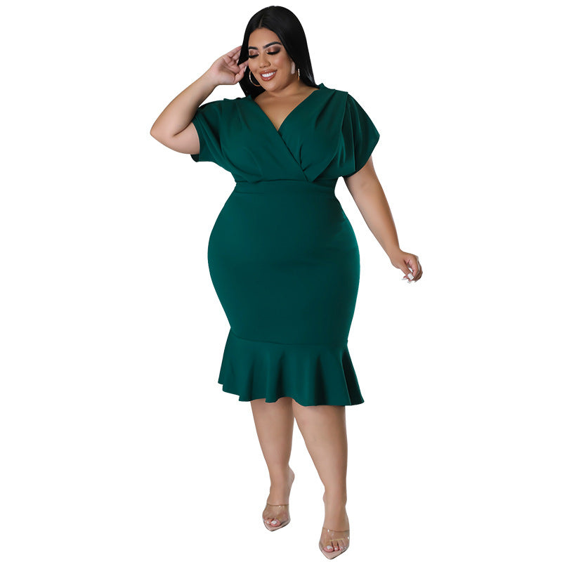 Fashion Plus Size Women's Summer Style V-Neck Solid Bodycon Dress 4