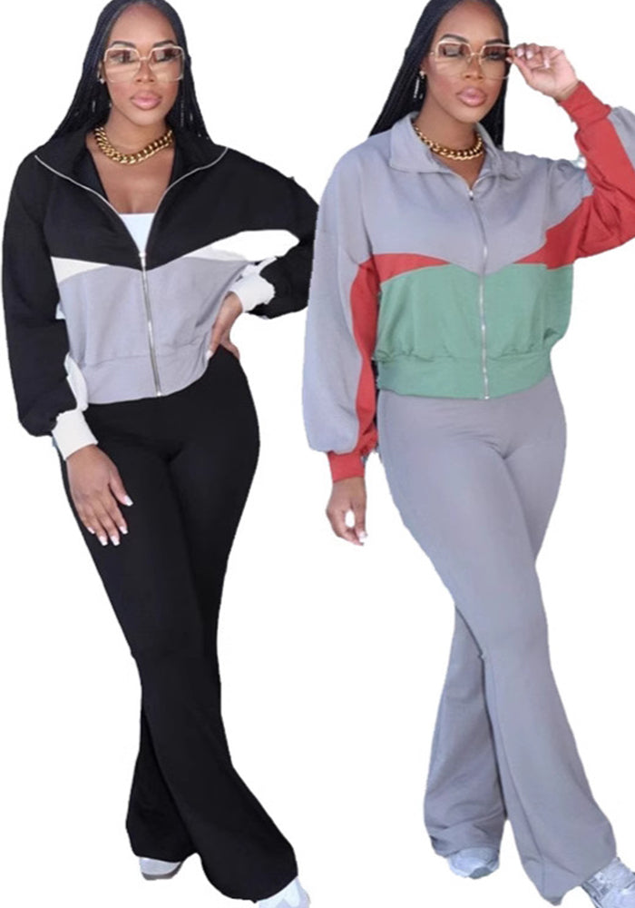 Autumn And Winter Women's Long Sleeve Zipper Jacket Tight Fitting Bell Bottom Pants Two-Piece Set