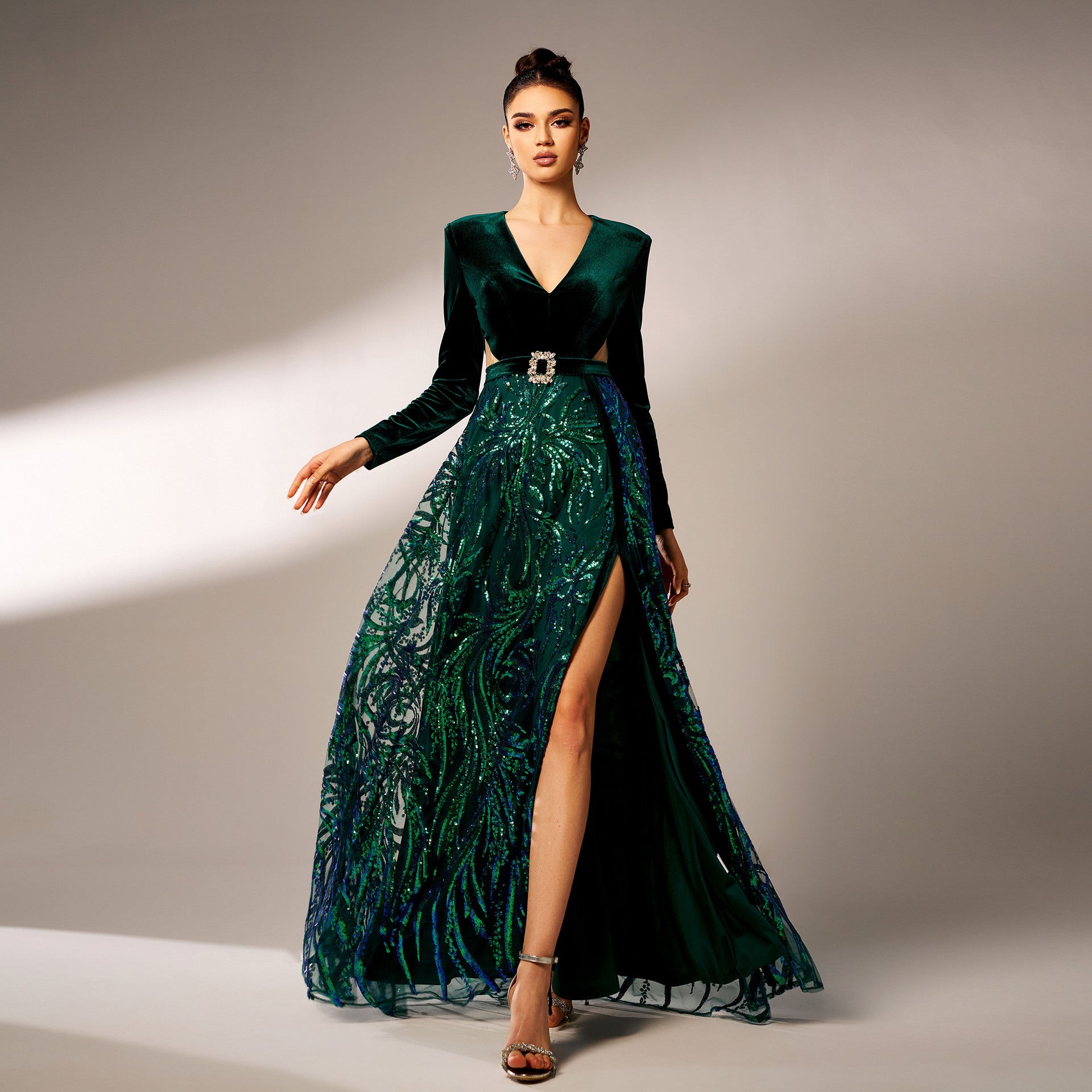 Luxury Long Sleeve V-Neck Formal Party Sequin Slit Evening Dress Women Bridesmaid Gown 3