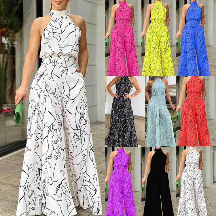 Summer Women Elegant Lace-Up Sleeveless Halter Neck Print Jumpsuit