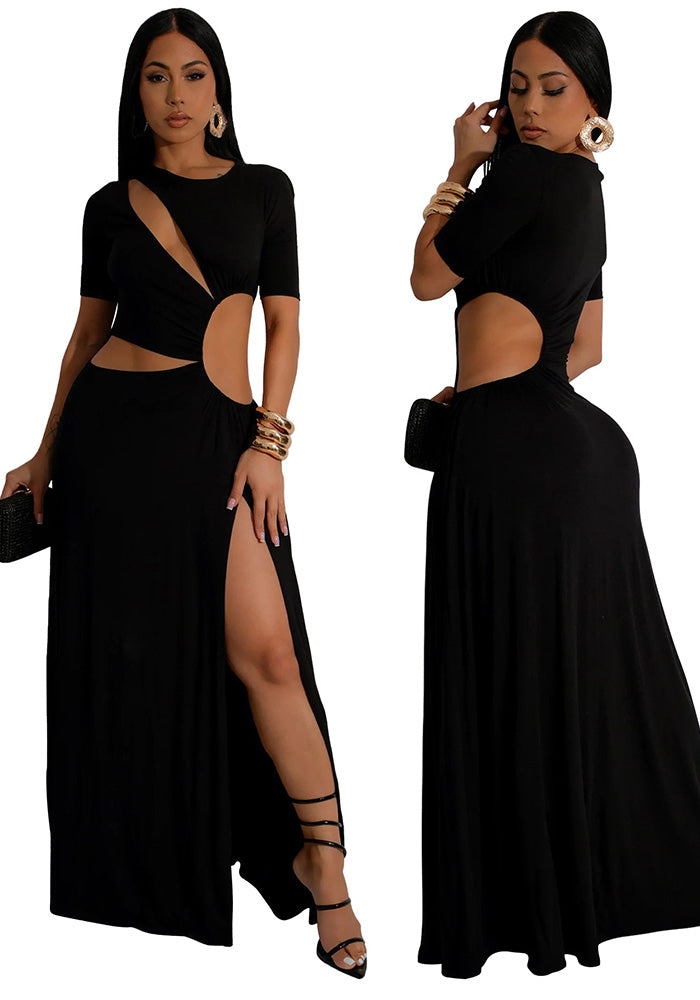 Women's Sexy Hollow Waist Irregular Long Solid Color Slit Dress
