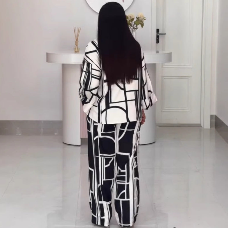 Printed Round Neck Long Sleeve Loose Top Straight Trousers Two-Piece Set