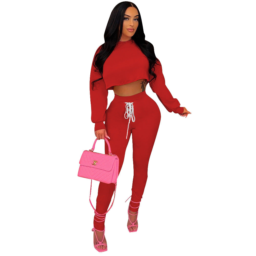 Women Autumn/Winter Long Sleeve Top+Lace-Up Pants Solid Color Two-piece Set 6