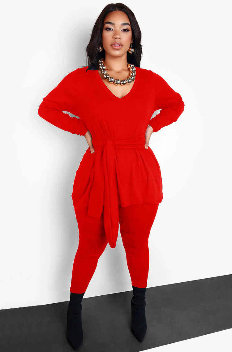 Women Fall and Winter Lace-up Top Long Pants Casual two-piece set 3