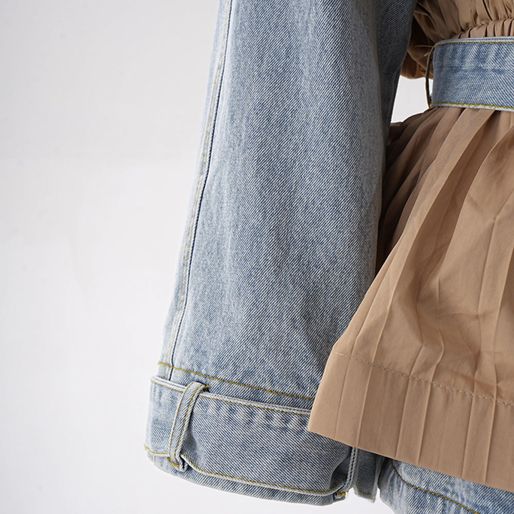 Women's Autumn Ruffle Contrast Color Patchwork Belt Turndown Collar Denim Jacket 14