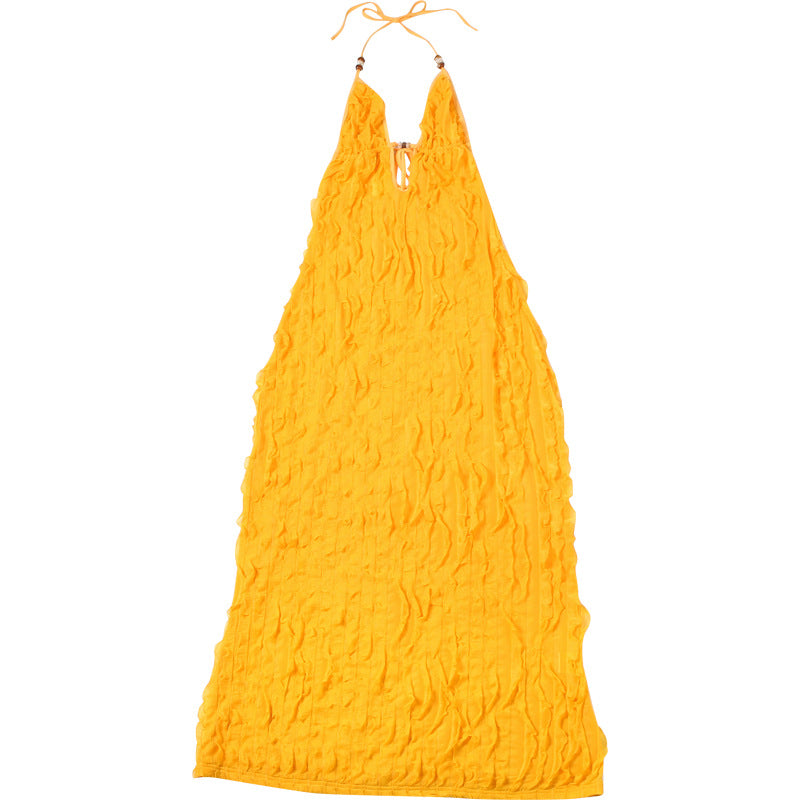 Women Summer Sexy Halter Neck Pleated V Neck Backless Lace-Up Dress 9