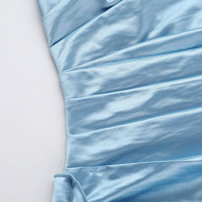 Summer Fashion Sexy Strapless Elastic Pleated Slit Dress 13