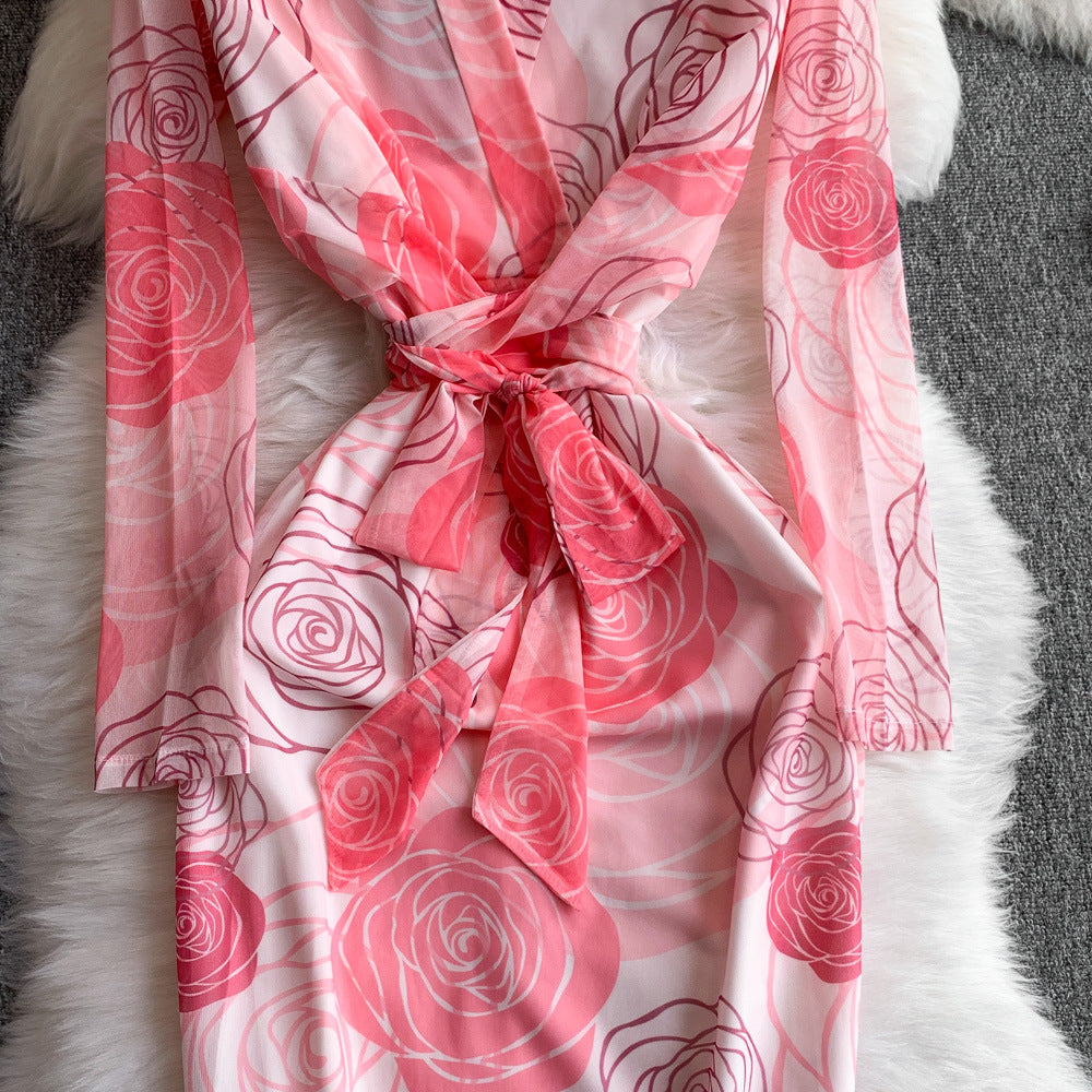 Women French Style Long-Sleeved V-Neck Lace-Up Maxi Print Bodycon Dress 31