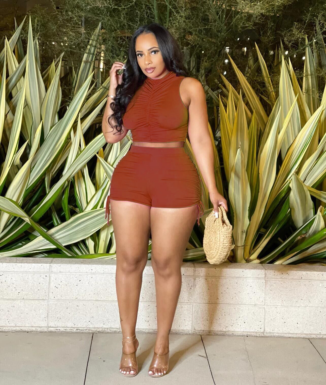 Women clothes drawstring two-piece summer vest shorts set 6