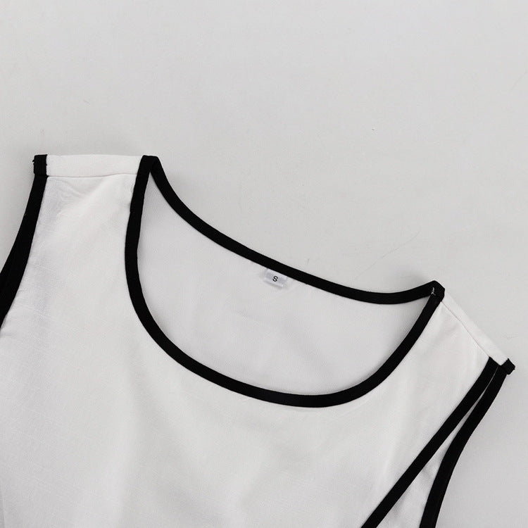 Women contrast color cross round neck sleeveless top Slit trousers two-piece set 10