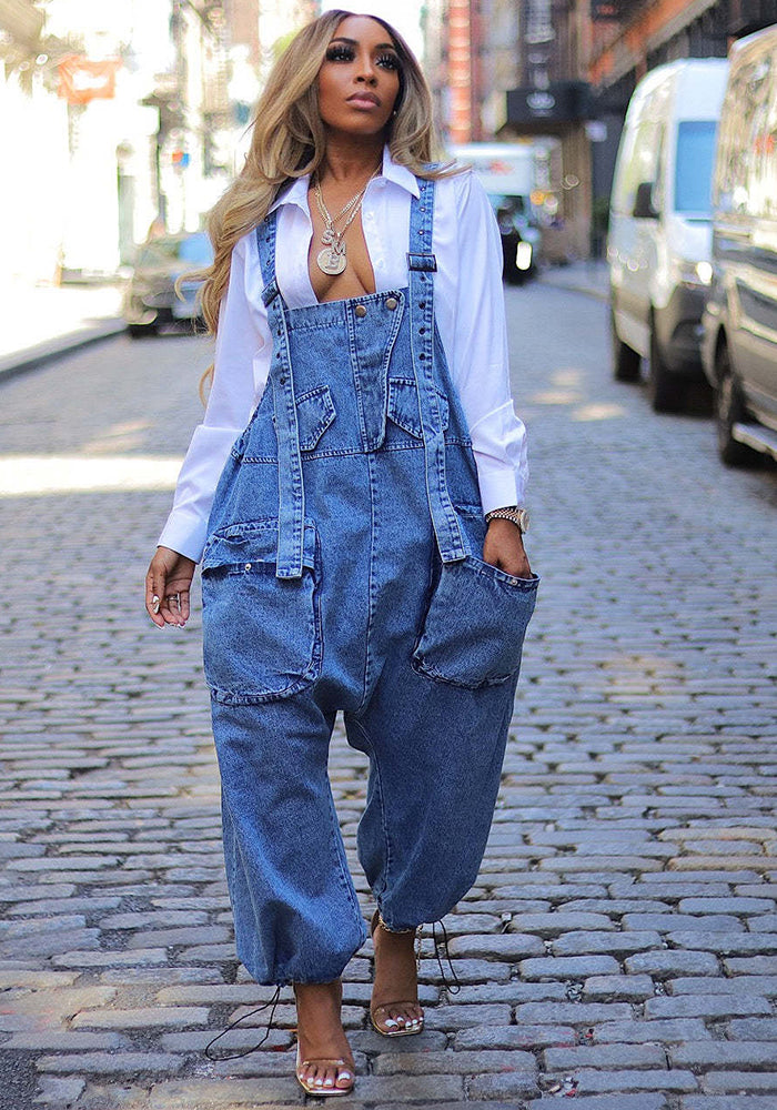 Fashionable Wide-Leg Denim Loose Overalls Jumpsuit