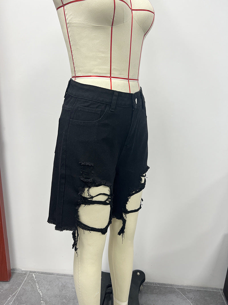 Summer Women's Denim Shorts Ripped Loose High Waist Knee-Length Shorts 26