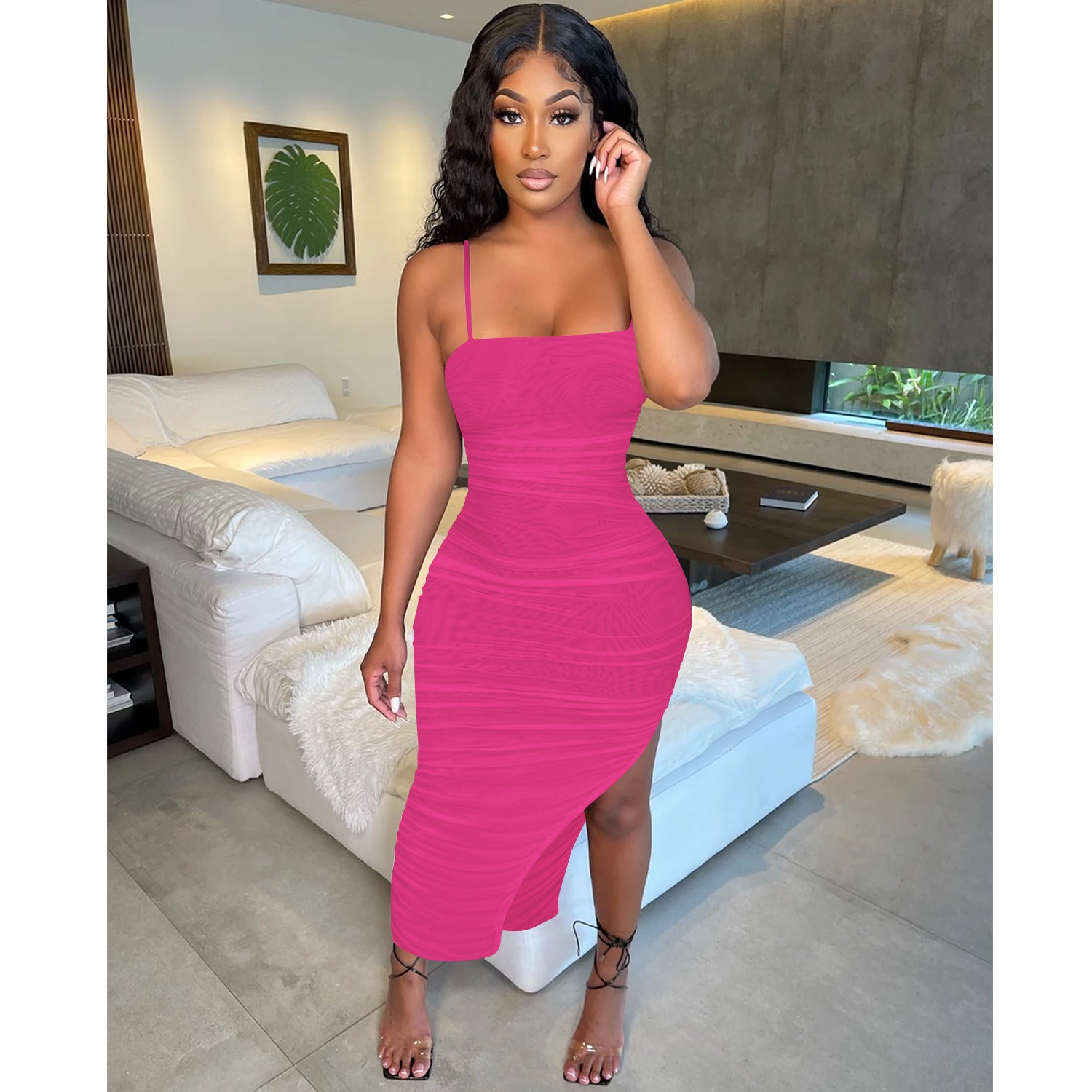 Women sexy suspender mesh See-Through pleated slit dress