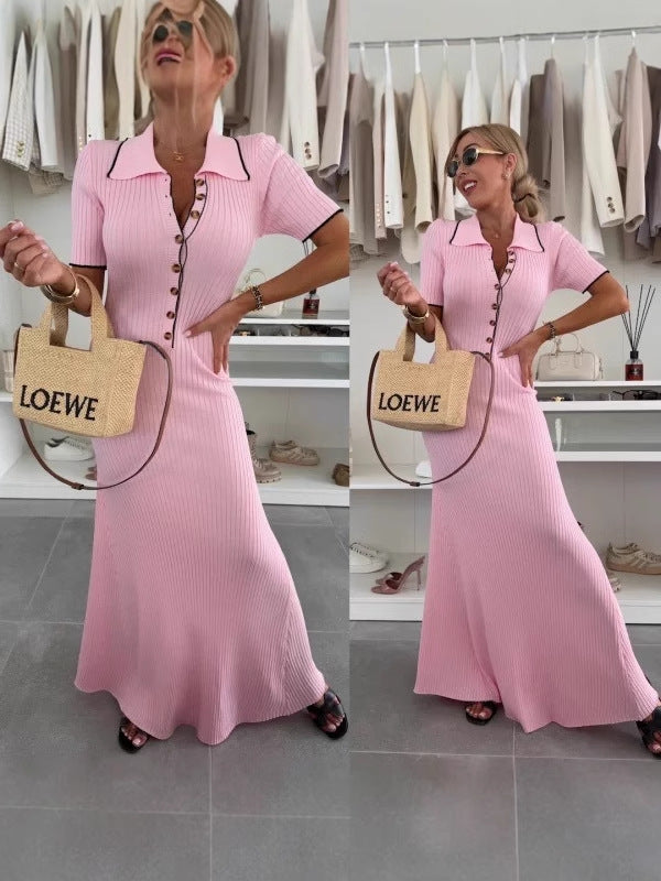 Women Turndown Collar Patchwork Contrast Bodycon Short Sleeve Knitting Dress 7