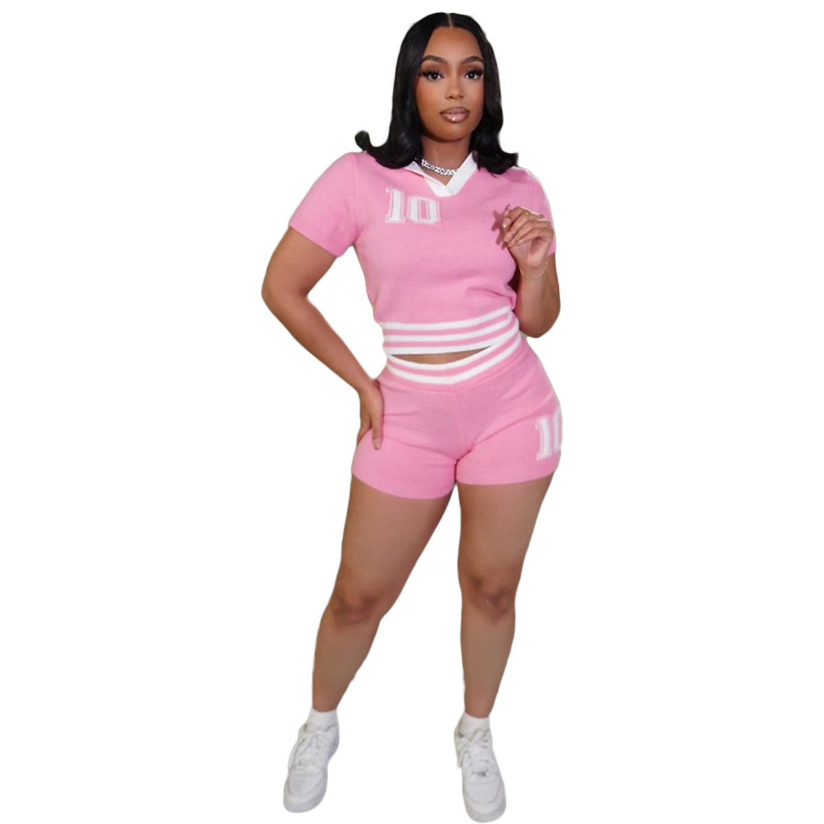 Fashionable Summer Turndown Collar Contrast Knit Top Shorts Set 6