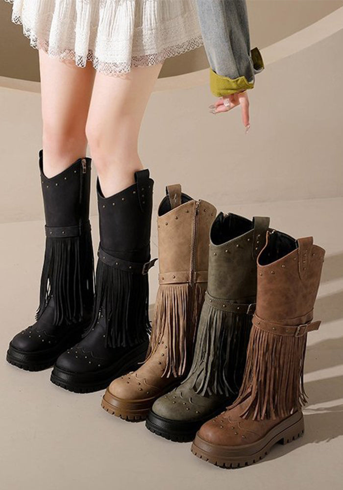 Plus Size Riding Boots with Fringe & Buckle  Mid-Calf Shoes for Women