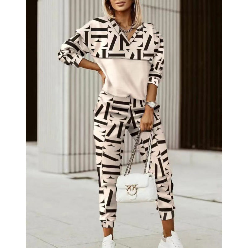 Women Printed Long Sleeve Top and Trousers Two-piece Set 11