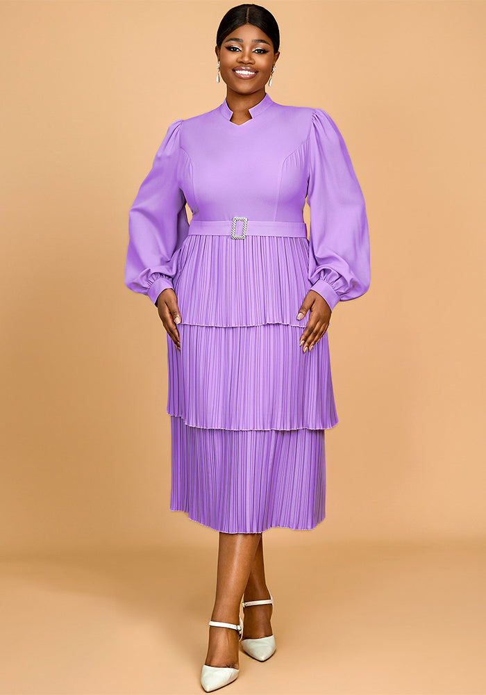 Women Spring and Summer Lantern Sleeve Pleated Cascading Ruffles Dress