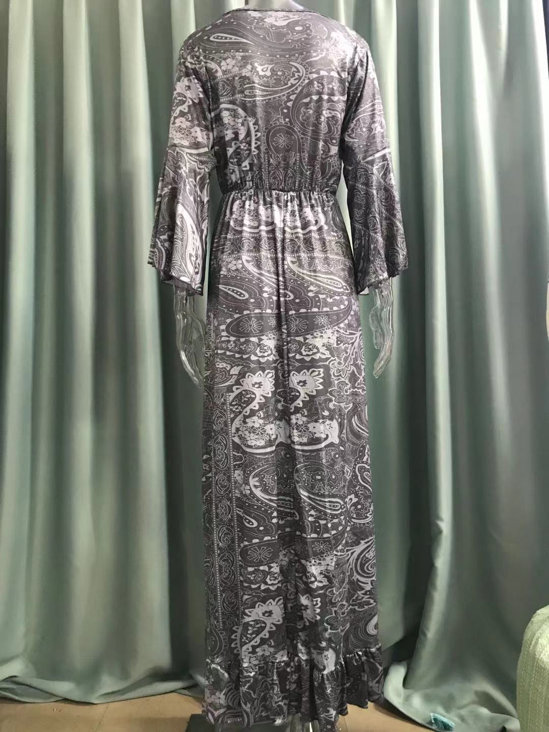 Women Boho Bell Bottom Sleeve Printed V Neck Holidays Maxi Dress 24