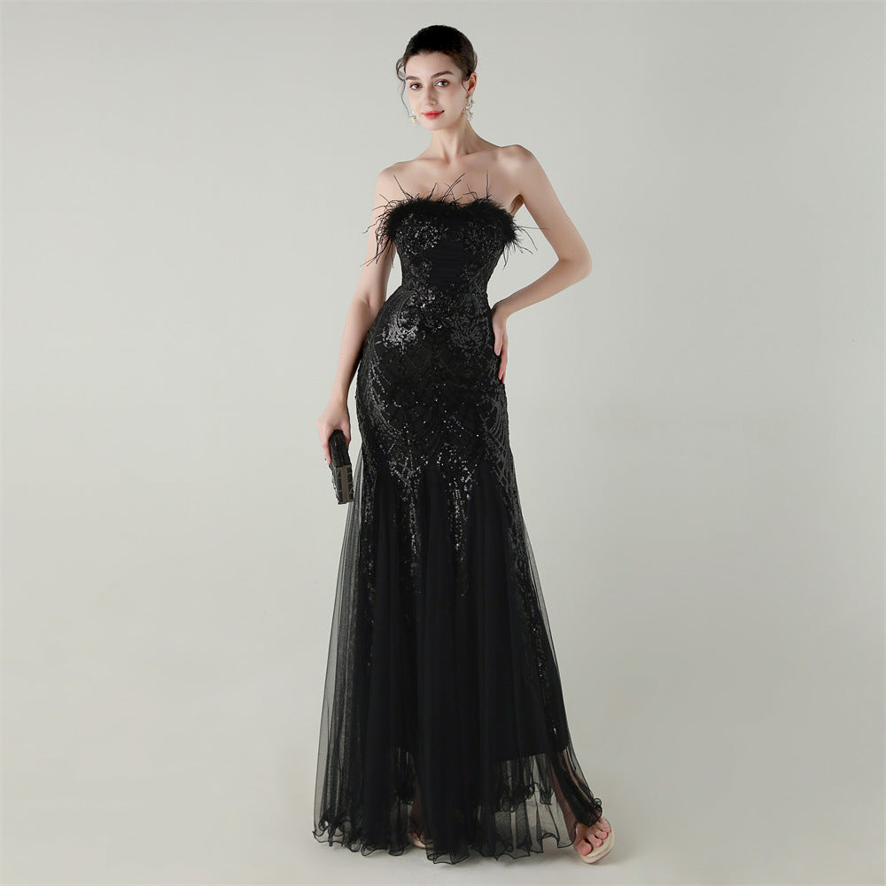 Women sequined tube flower ostrich feather Strapless cross Lace-Up Mesh Formal Party fishtail evening dress 15
