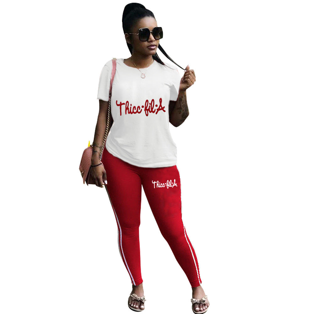 Women Casual Solid Print Short-Sleeved Top and Pants Two-Piece Set 10