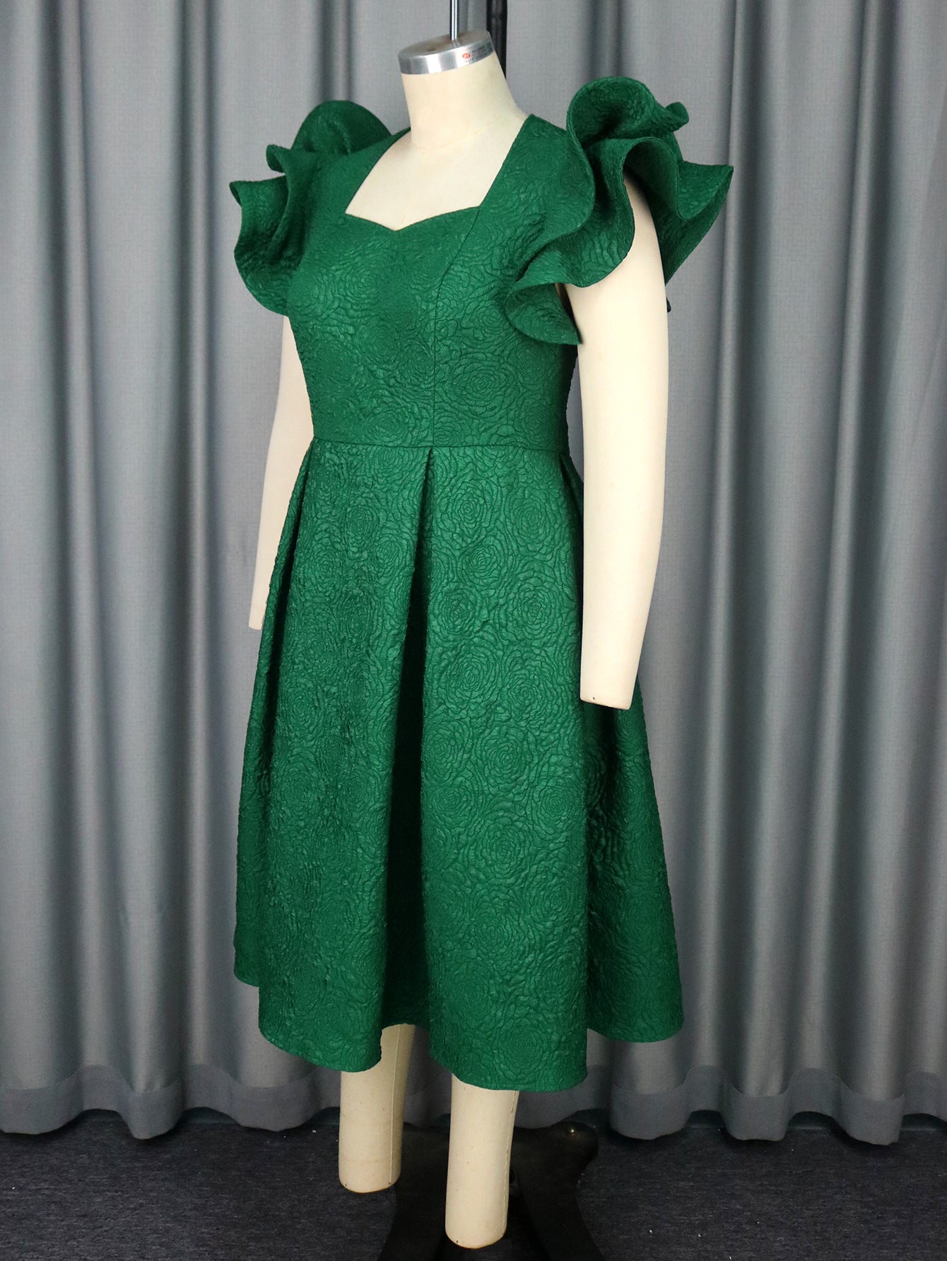 Women elegant ruffle square neck rose jacquard Formal Party Dress 5