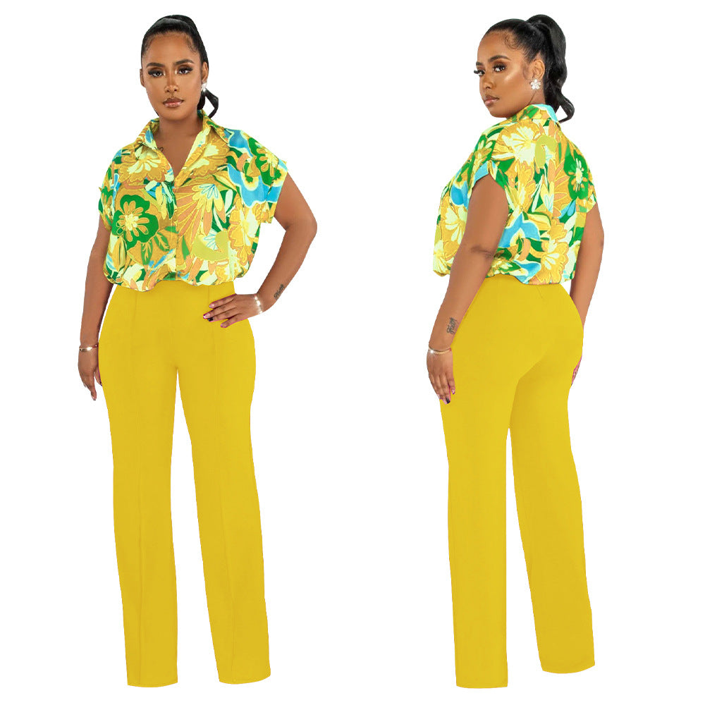Women's Fashion Summer Printed Shirt Straight Leg Pants Suit For Women 3
