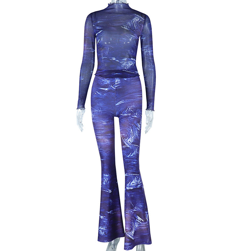 Women's Fashion Print Long Sleeve Top See-Through Bell Bottom Mesh Pants Fashion Two Piece Set 9