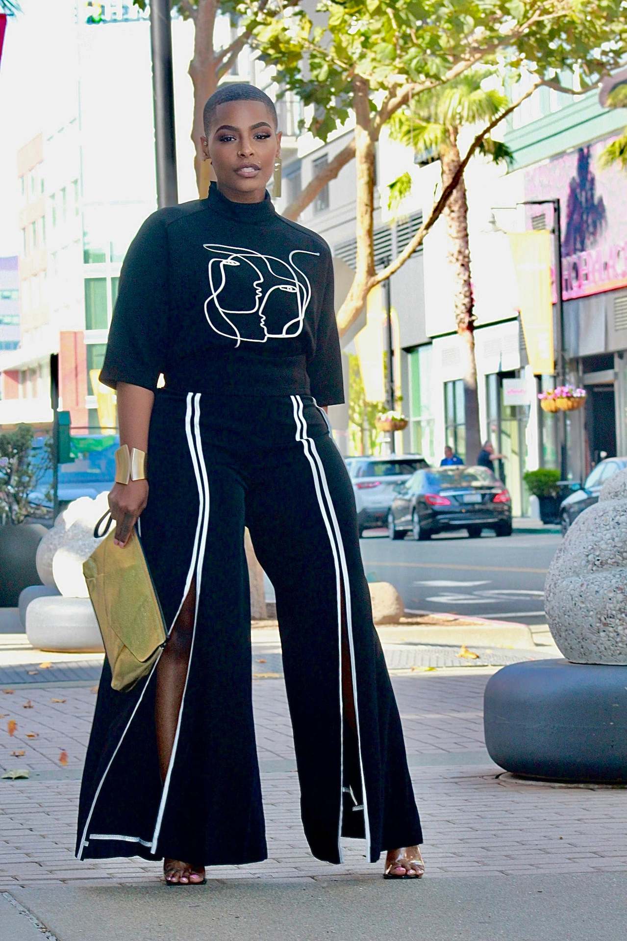 Fall/Winter Women's Ruber Print Top Wide Leg Slit Pants Casual Two Piece Set 7