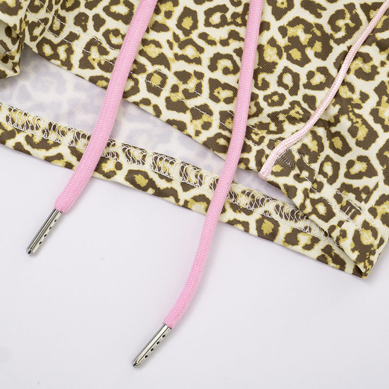 Women's Leopard Print Color Block Long Sleeve Zipper Coat Drawstring Shorts Two-Piece Set 30