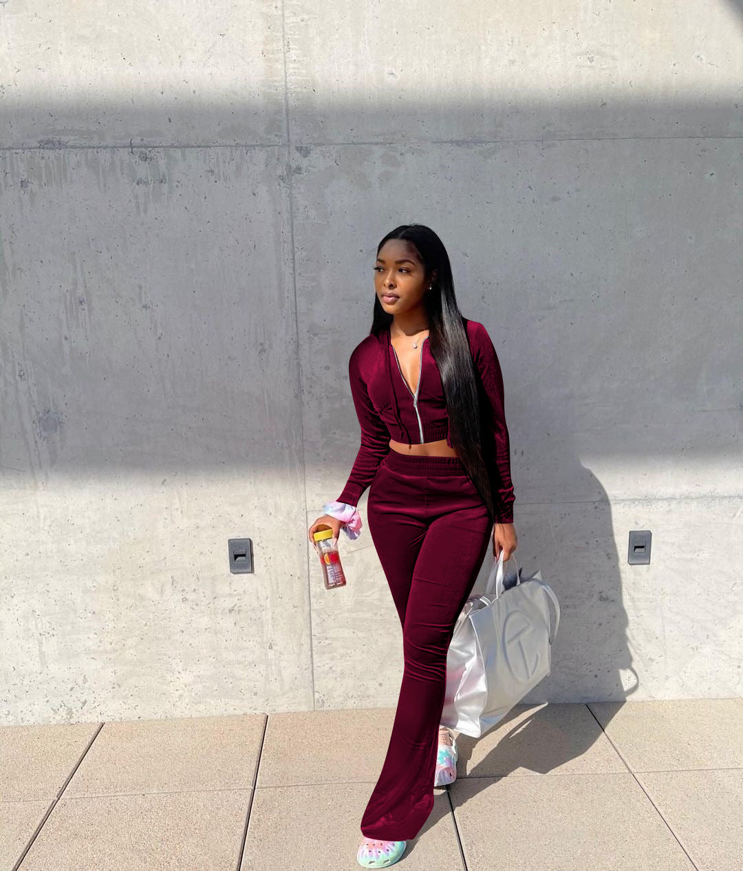 Women's Velvet Hooded Top Wide-Leg Pants Sports Casual Two Piece Set 5