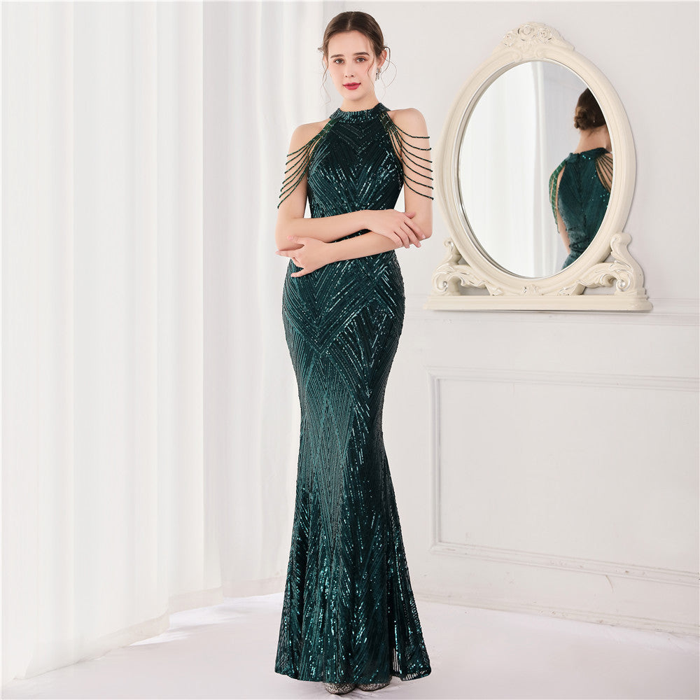 Deep V-Neck Sequined Fishtail Dress Sexy Evening Party Gown 17