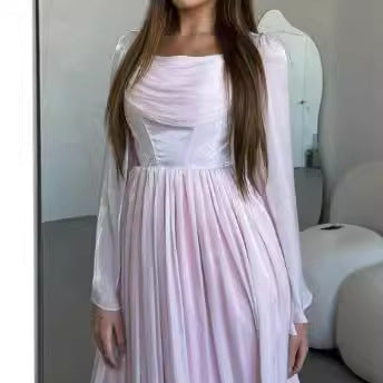 Women French Retro Square Neck Elegant Long Sleeve Pleated Dress 4