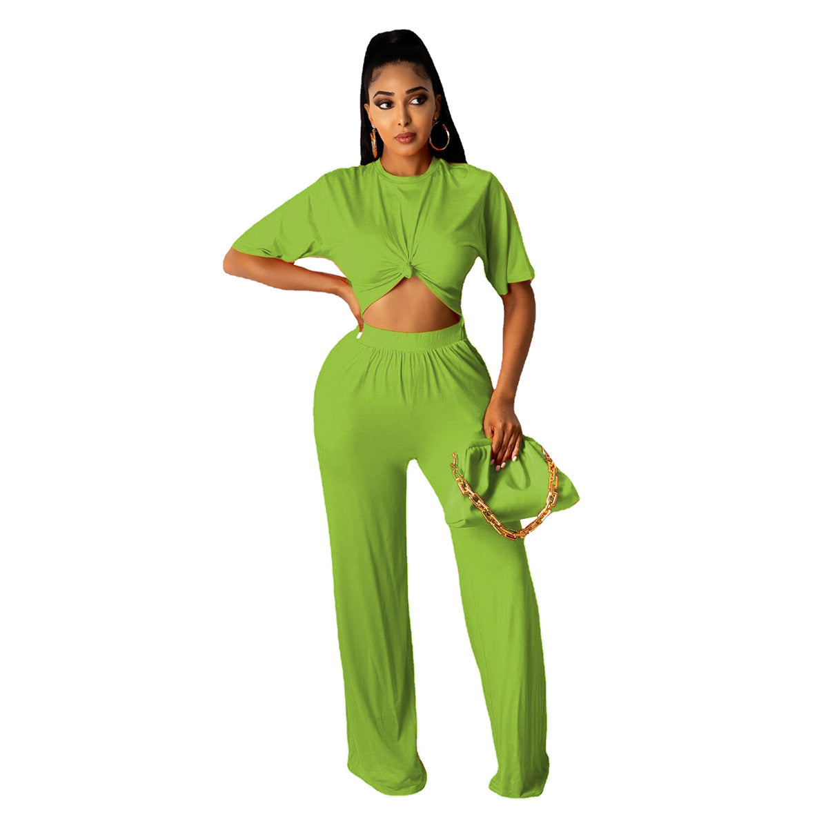 Fall Women's Solid Casual Loose Two Piece Short Sleeve Trousers 6