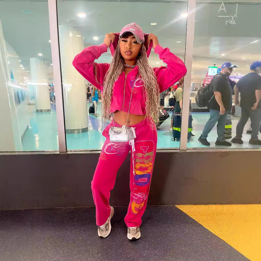 Autumn and winter women's fashion hooded printed two piece tracksuits 4