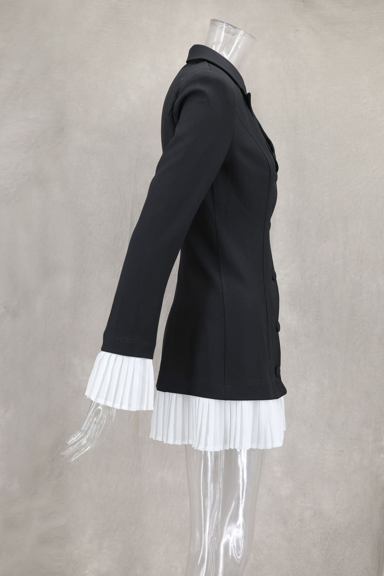 Women Spring and Summer Black and White Contrast Pleated Ruffle Blazer Dress 10