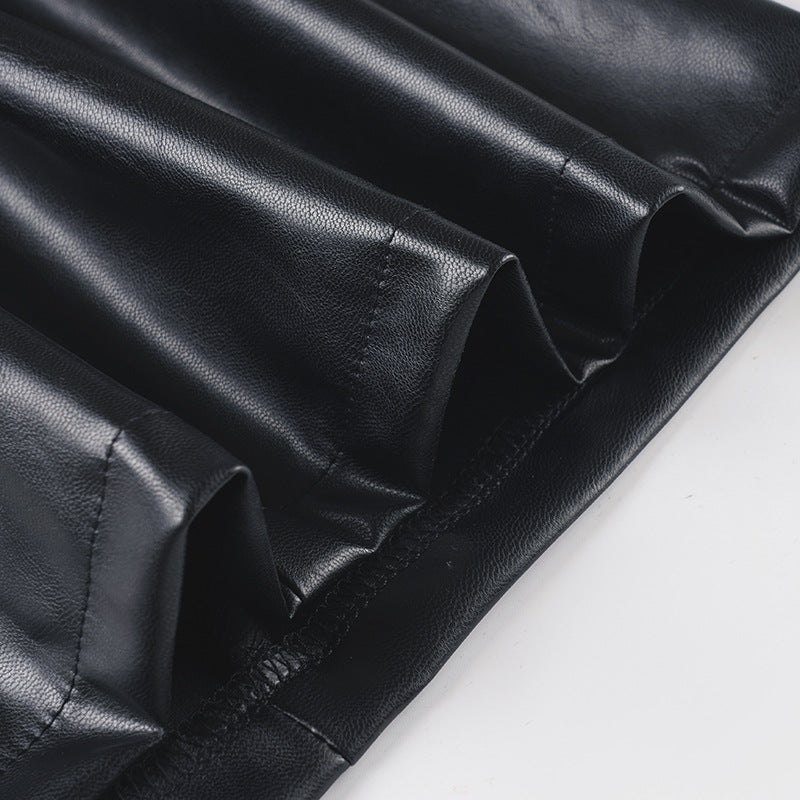 Women sexy V-neck halter slit stretchy Pu-Leather bodycon dress 16