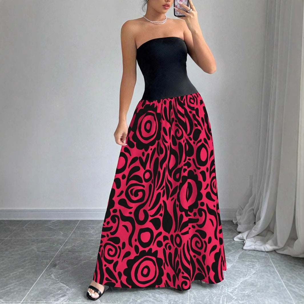 Women Patchwork Geometric Print Backless Strapless Dress 6