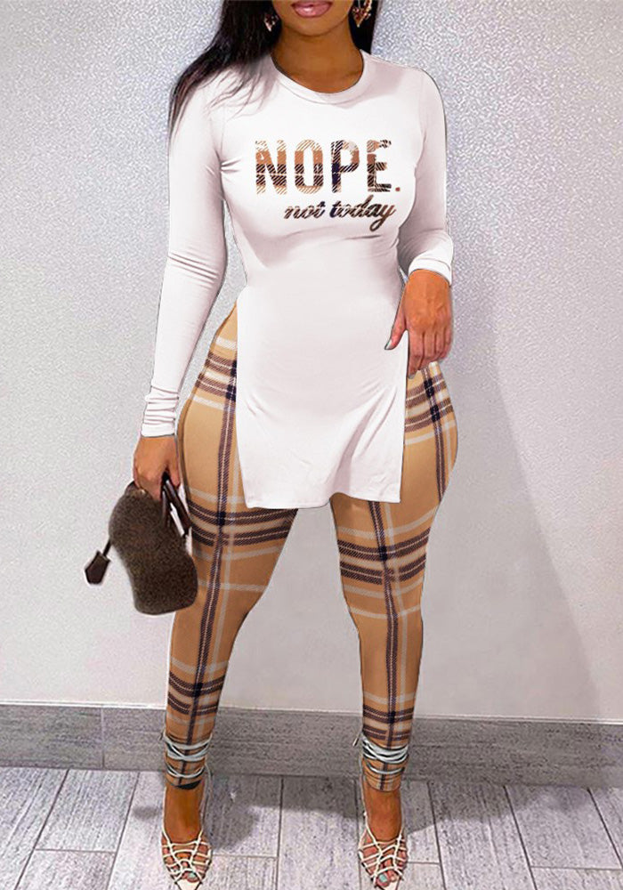 Women Letter Print Split Long Sleeve Top and PantTwo Piece Set